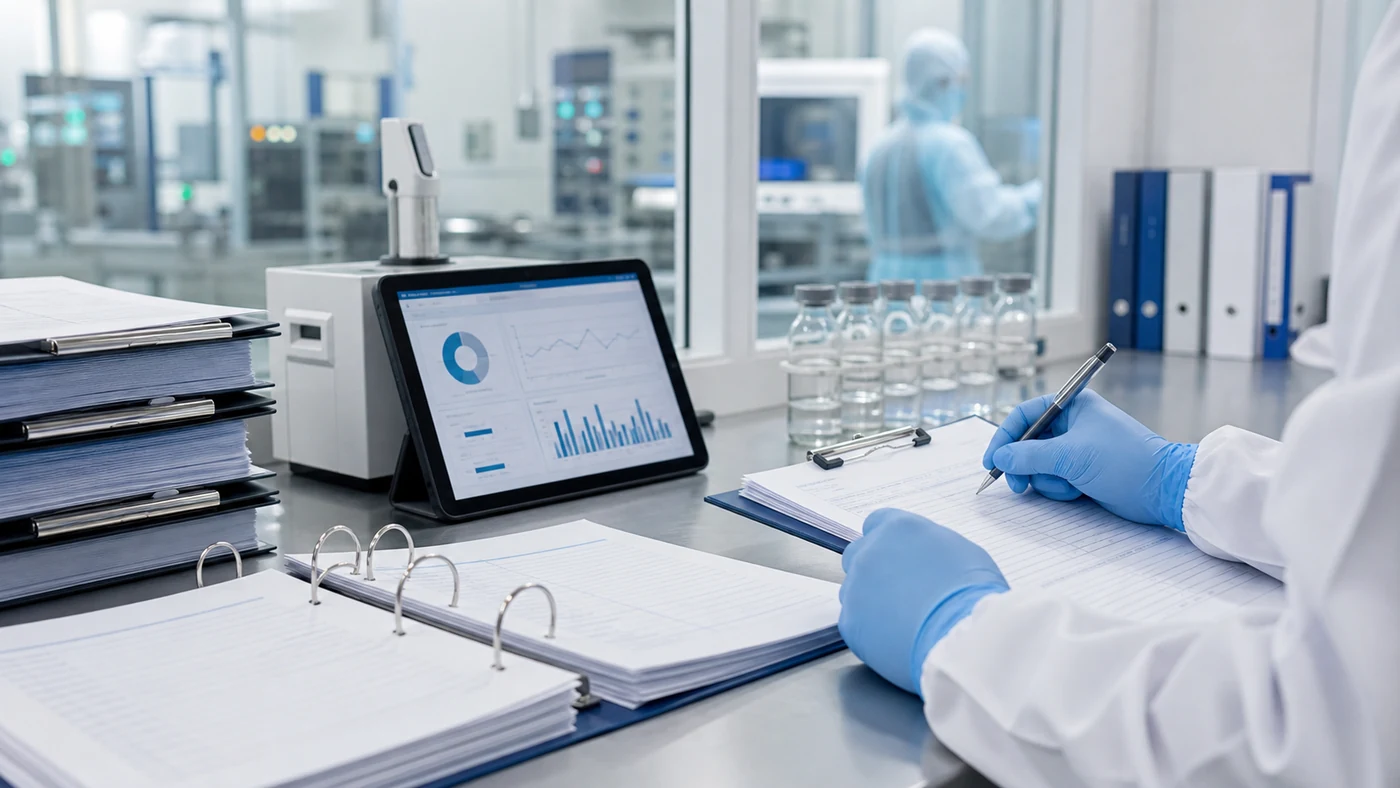 Documentacao técnica e registros de qualidade em laboratório farmaceutico