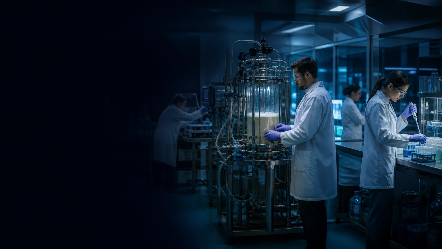 Equipe trabalhando em diferentes aplicações de Life Sciences em laboratório